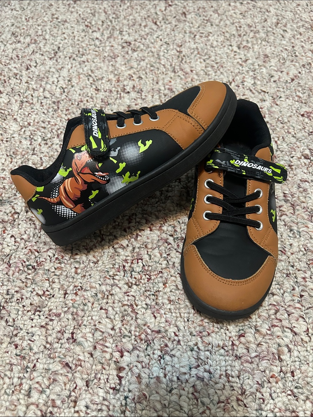 Kids Brown & Black Dinosaur Slip-On Sneakers